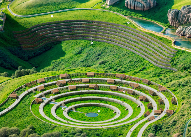 Circular Terracing with Local Stone and Earth Roofing for Sustainable Community Living