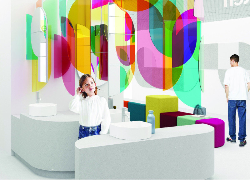 Colored Acrylic Panels and Flexible Soft Seating Enhance Gender-Neutral Sanitary Facilities in Austrian Schools