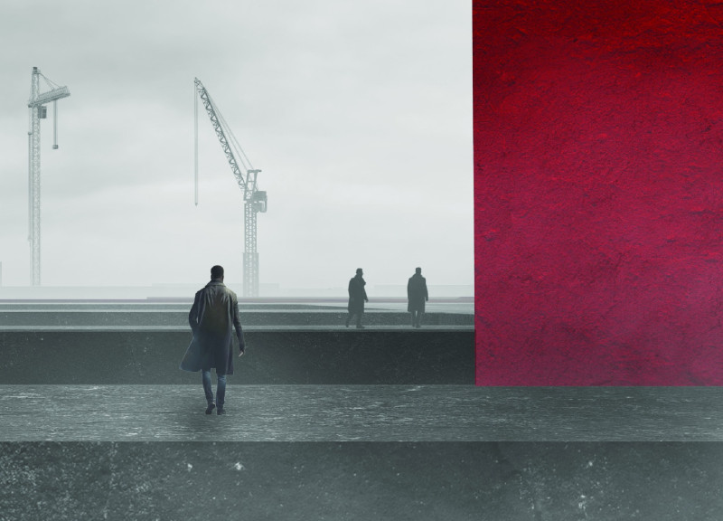 Red Cladding Monolith Featuring Concrete and Glass Interplay for Commemorative Space