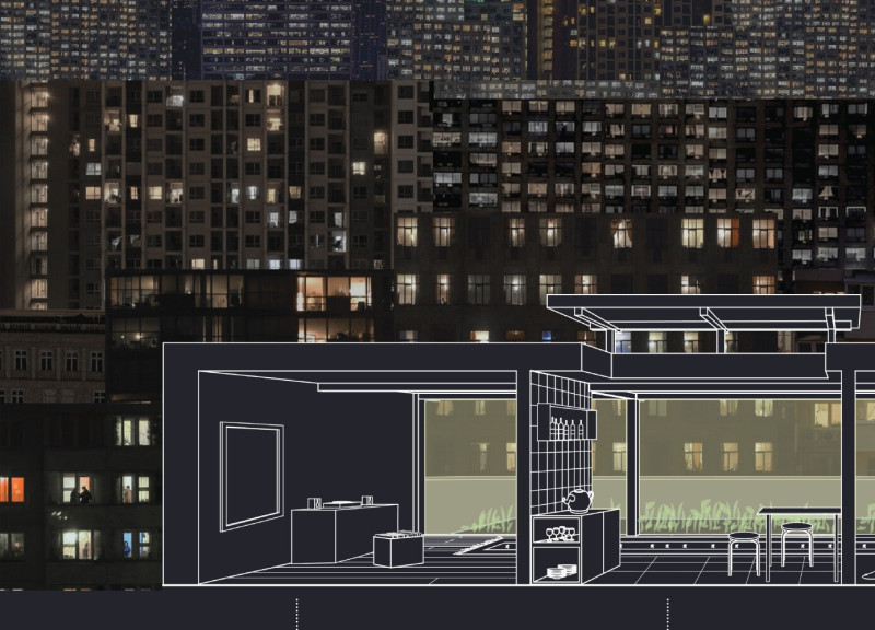 Reflective Glass Facades and Concrete Elements Shaping a Multifunctional Urban Dwelling