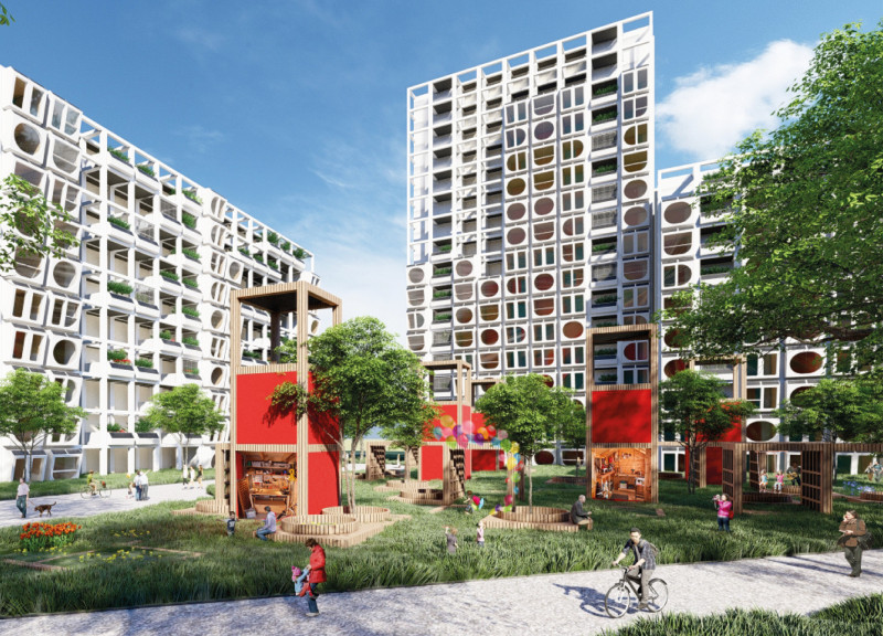 Cross-Laminated Timber Framework with Integrated Green Spaces for Community Living