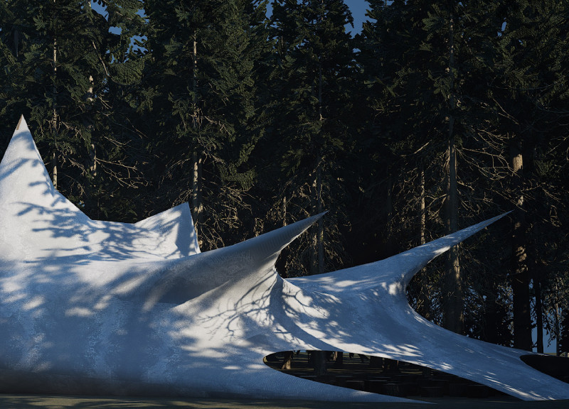 Tensile Fabric Canopy Integrating Natural Elements in a Forested Performance Space
