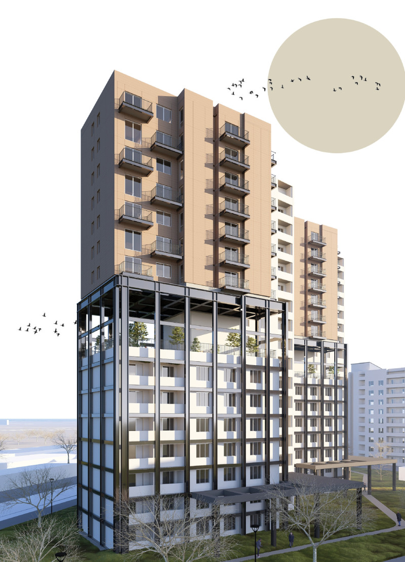 Elevated Community Spaces Featuring Prefabricated Concrete and Green Roofs in Resilient Urban Design