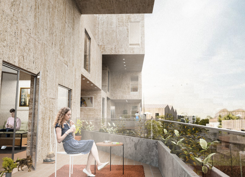 Pockets of Greenery Enhanced by Precast Concrete and Charred Wooden Shingles in Modular Housing Solutions