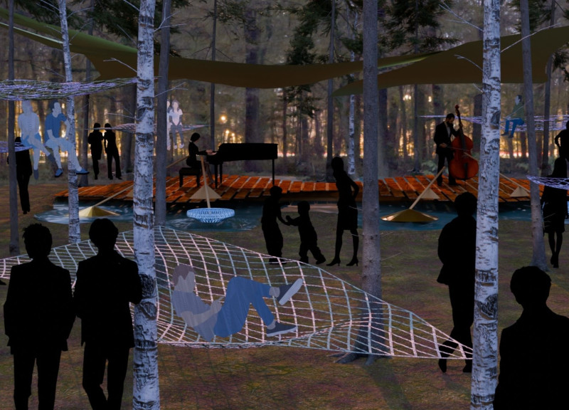 Soundwave-Inspired Floating Stage Constructed with Reclaimed Timber and Interactive Acoustic Features