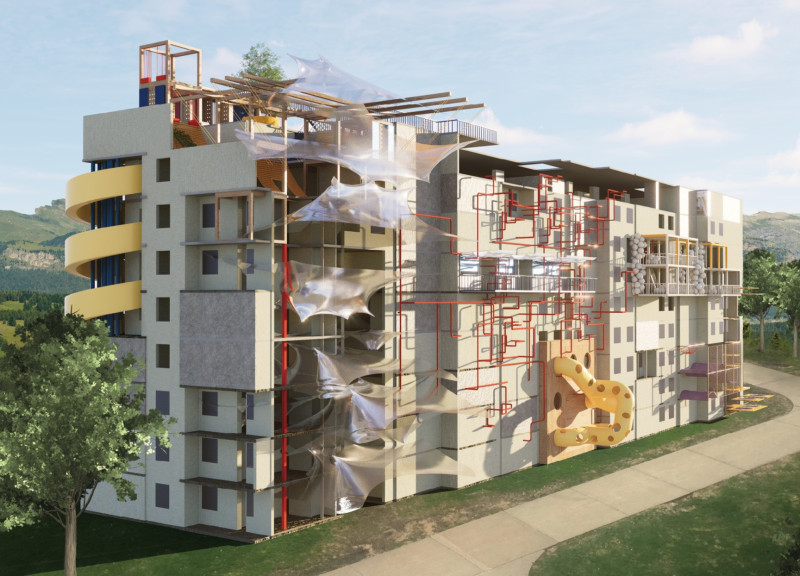 Climbing Walls and Expanded Metal Mesh Intertwined Within Durable Concrete Housing Solutions