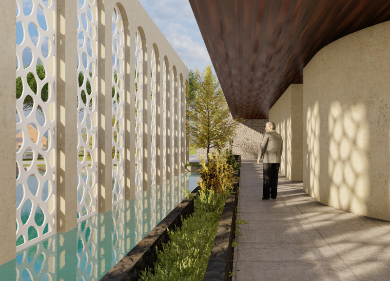 Natural Light Through Perforated Screens and Warm Timber in a Healing Community Space