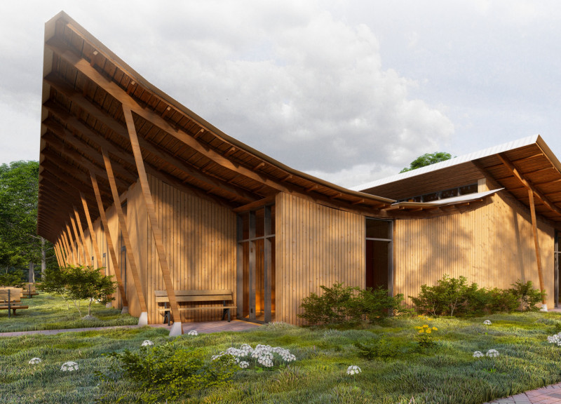 Curved Form Constructed with Cross-Laminated Timber and Charred Wood for Holistic Healing Space