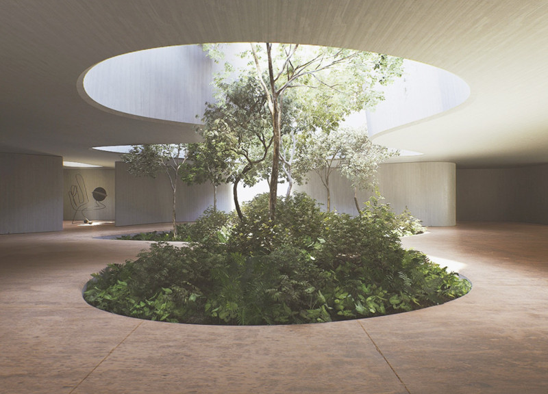 Light-Infused Concrete Pavilion with Sculptural Integration and Natural Elements