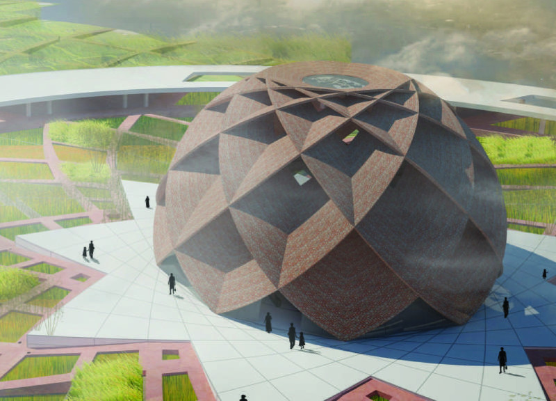 Triangular Glass Dome Embracing Brick Craftsmanship in a Communal Spiritual Space