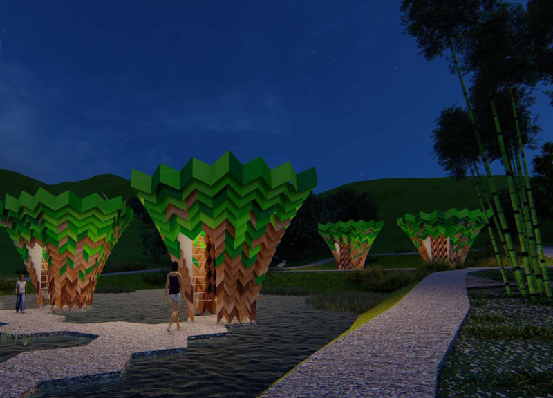 Charred Wooden Shingles and Bamboo Integration in an Eco-Friendly Burial Garden