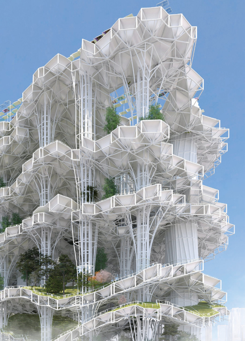 Sculptural Glass Facades with Integrated Greenery in Steel Framework