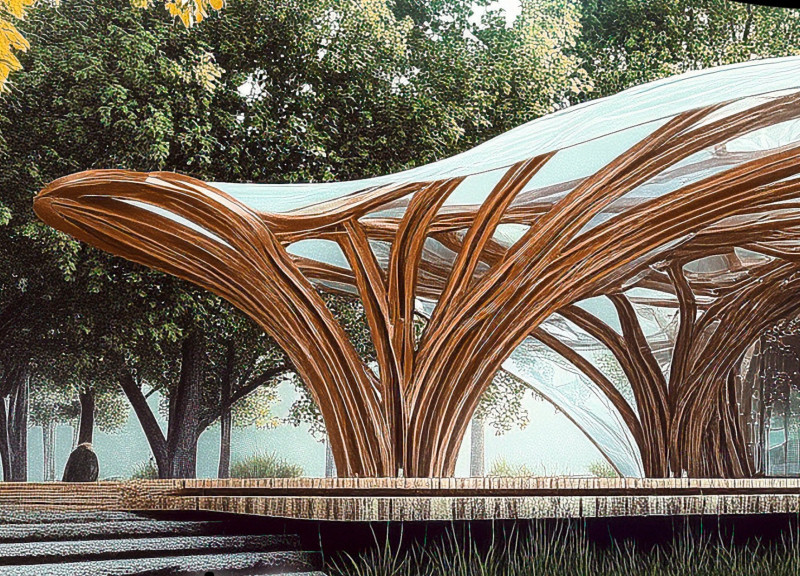 Fluid Bamboo Structure with Reflective Water Features for Community Engagement