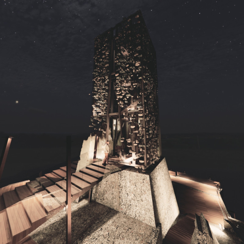 Rooftop Viewing Platform Sheathed in Local Stone and Steel Framework Overlooking Historic Landscape