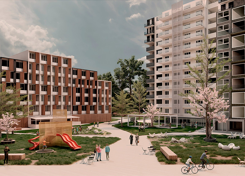 Recycled Brick Facades Intertwined with Modular Concrete Panels for Sustainable Community Housing