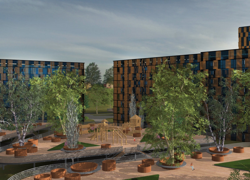 Elevated Community Spaces Crafted with Aluminum and Wooden Panels in Urban Resilience Design