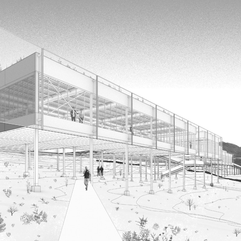 Elevated Glass Structure with Modular Units and Sustainable Materials in a Volcanic Landscape