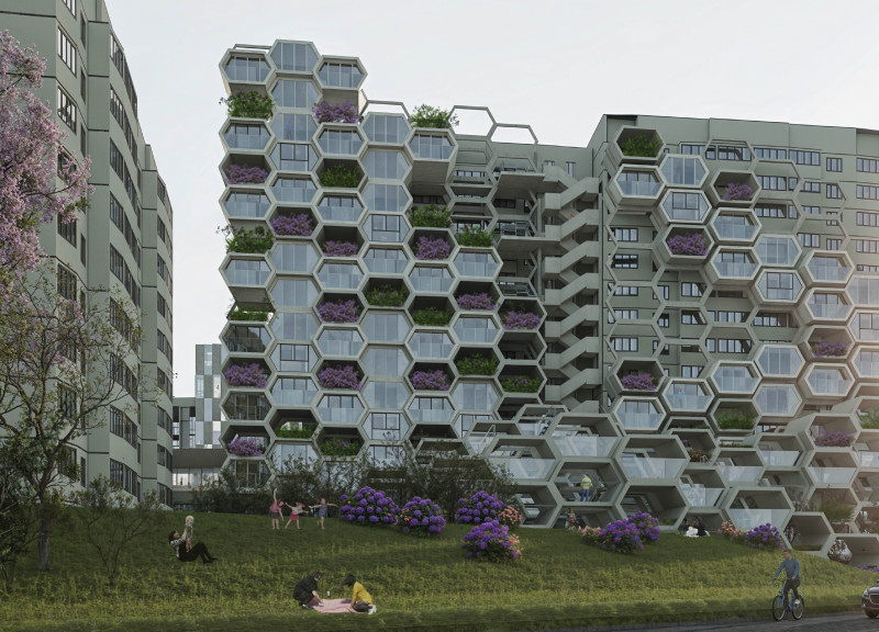 Hexagonal Layout with Prefabricated Concrete and Green Terraces for Resilient Community Living