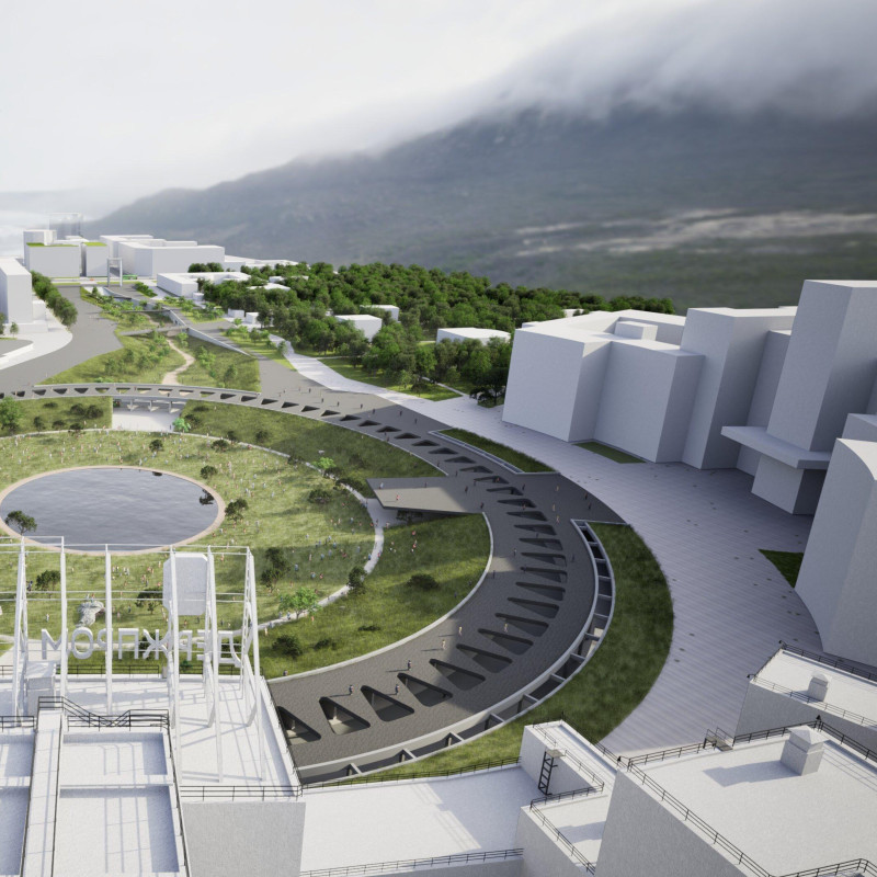 Circular Plaza Featuring Native Landscaping and Rainwater Management with Concrete and Glass Elements