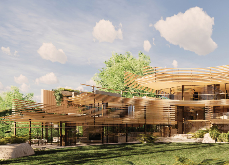 Curvilinear Facade Crafted from Natural Stone and Timber Cladding Overlooking Sydney Harbour