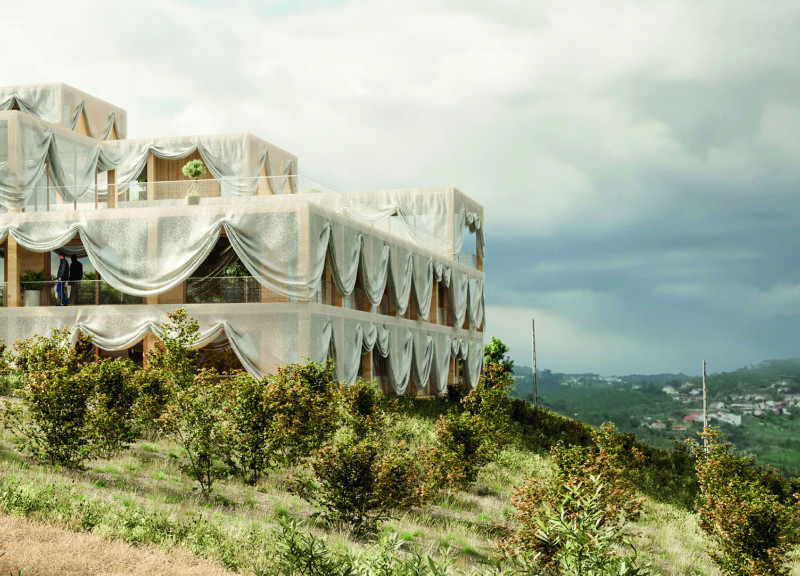 Charred Wooden Shingles and Tiered Structures for Sustainable Elderly Living