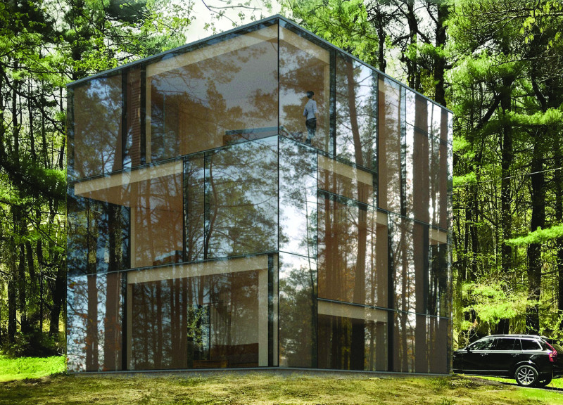 Reflective Glass Facade Harmonizing with Staggered Layouts and Natural Timber Elements