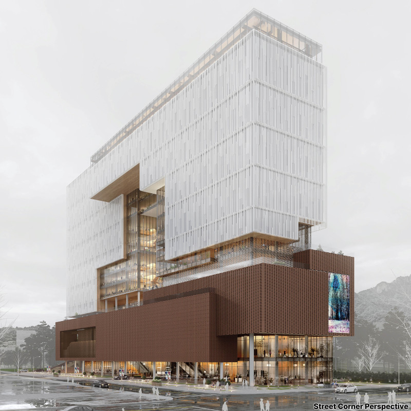 Terracotta and Aluminum Facade Blending Natural Light in a Multifunctional Urban Space