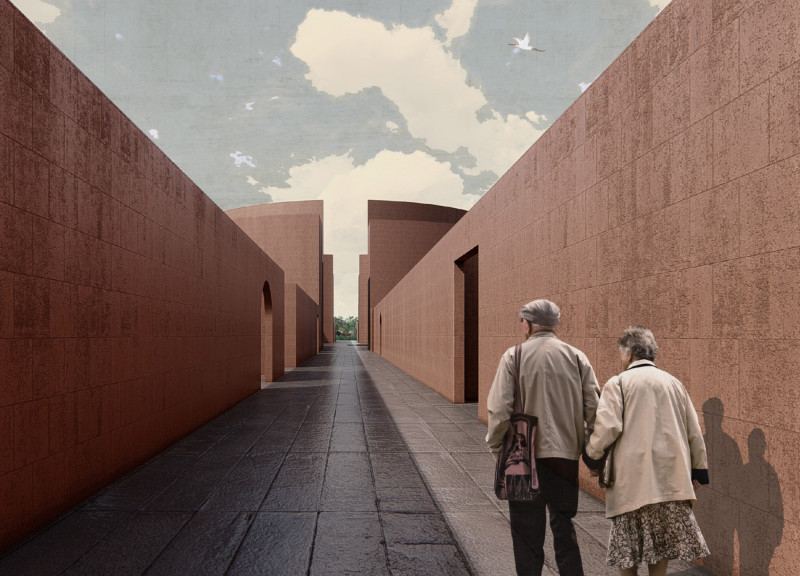 Circular Plaza Defined by Clay Brick and Transparent Facades Promoting Community Interaction