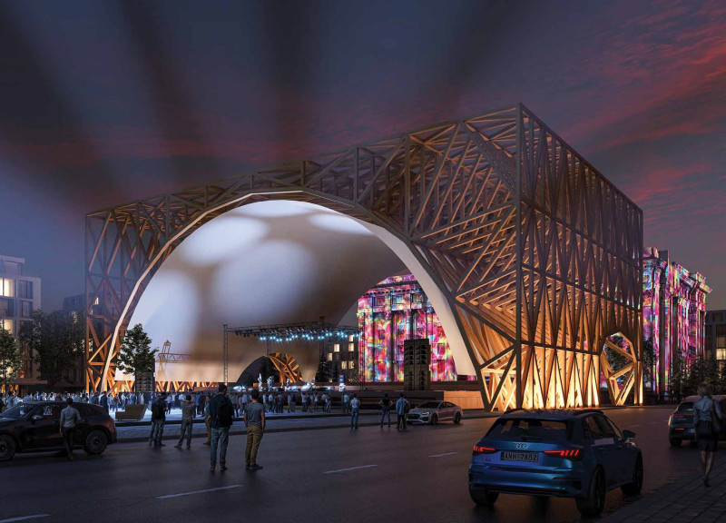 Curvilinear Pavilion Constructed with Scots Pine and Integrated Green Infrastructure for Community Gatherings