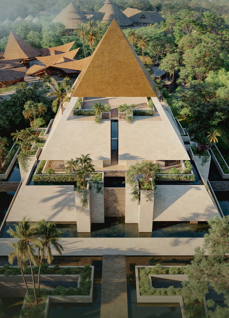 Golden-Roofed Pyramid Crafted from Local Stone and Wood in a Sustainable Landscape