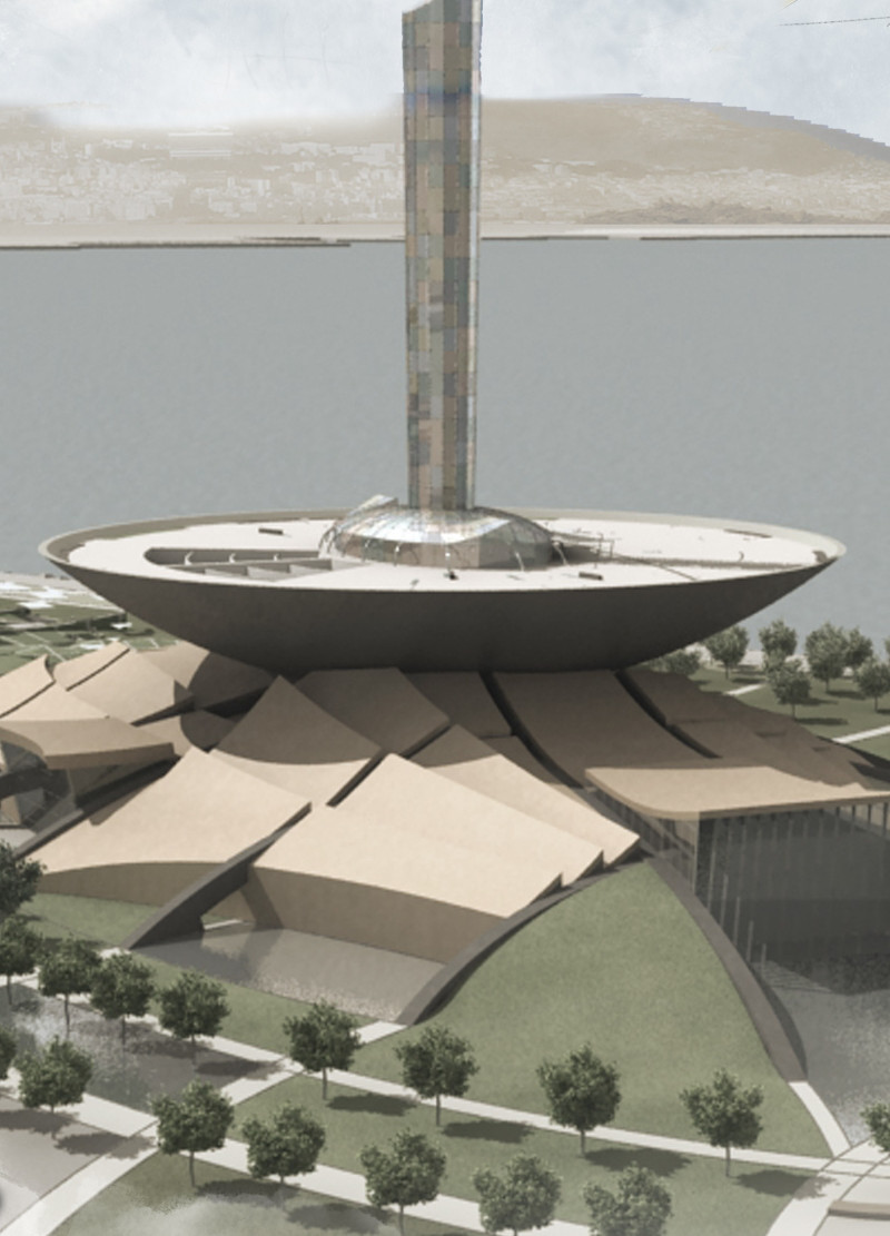 Reflective Glass Clad Tower with Water Harvesting Features at a Central Cultural Hub