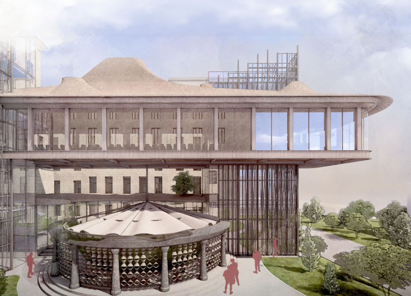 Charred Wood Shingles and Local Stone Form Sustainable Public Space with Integrated Green Roofs