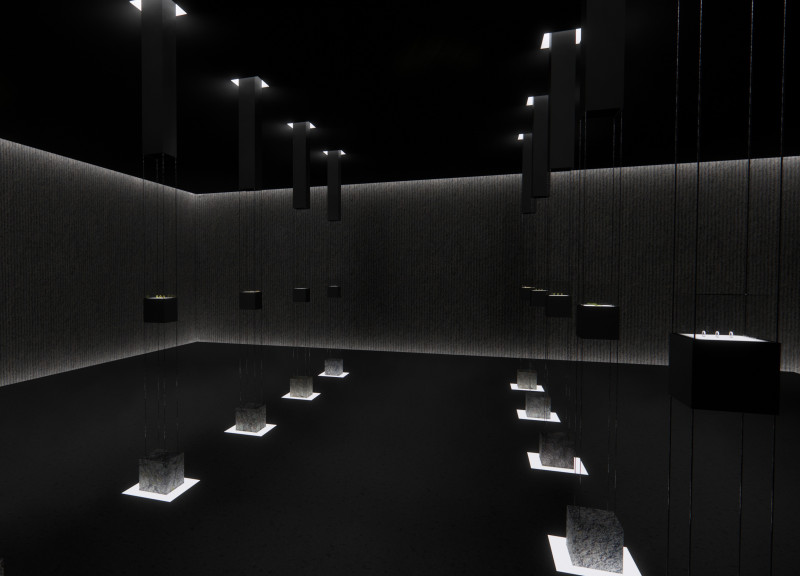 Suspended Glass Displays and Natural Stone Accents in a Retail Environment