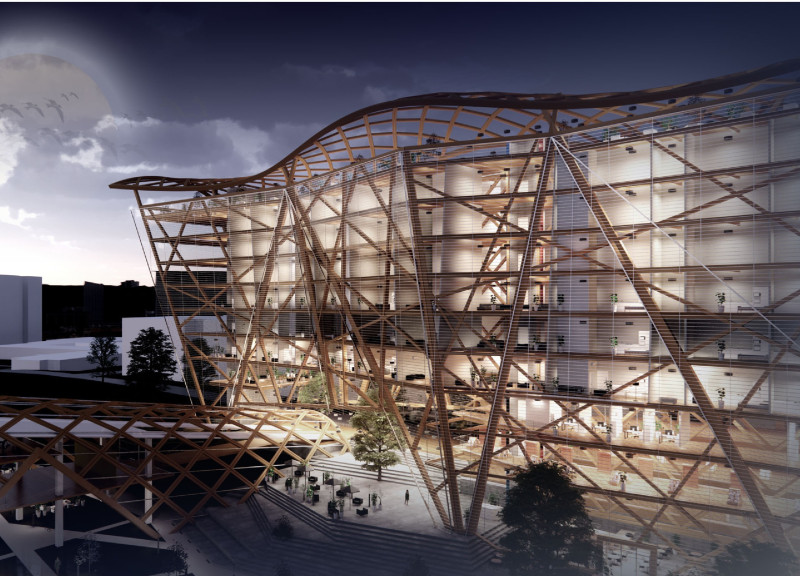 Charred Wooden Shingles and Engineered Wood Create a Multifunctional Urban Hub