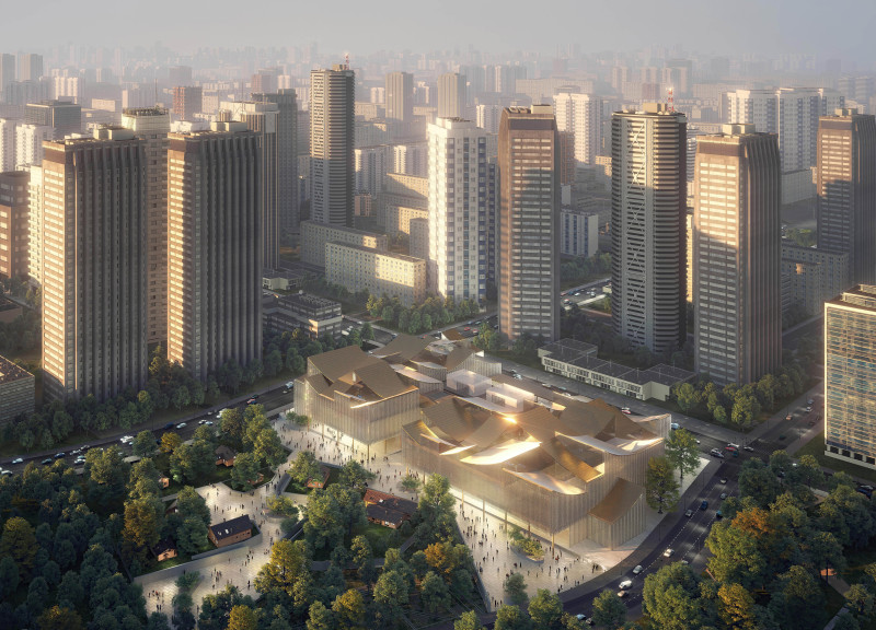 Curvilinear Forms and Charred Wooden Shingles Defining a Community Space