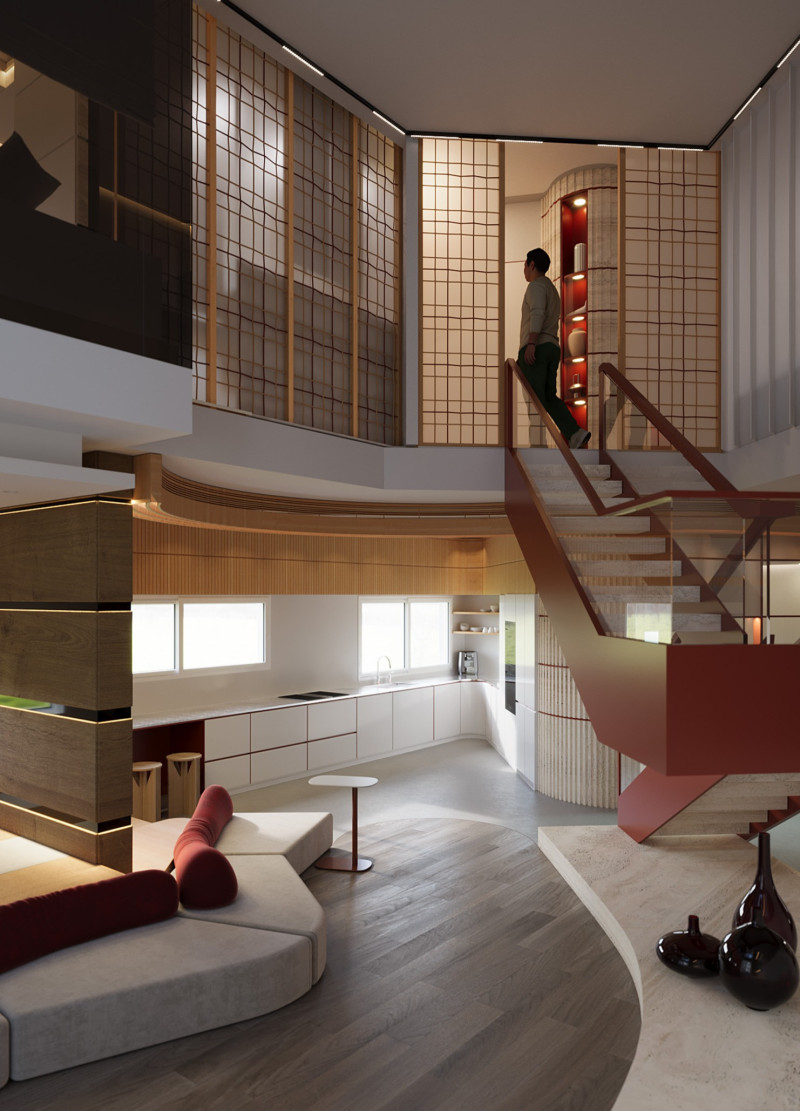 Red-Finished Staircase in a Double-Height Space Using Recycled Aluminum and Textured Concrete