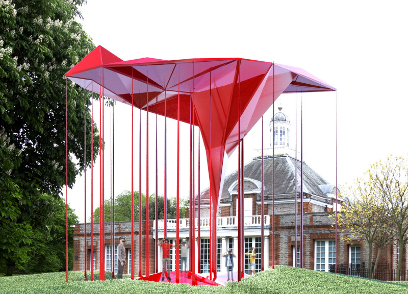 Transparent Acrylic Pavilion Supported by Red Steel Columns for Cultural Engagement