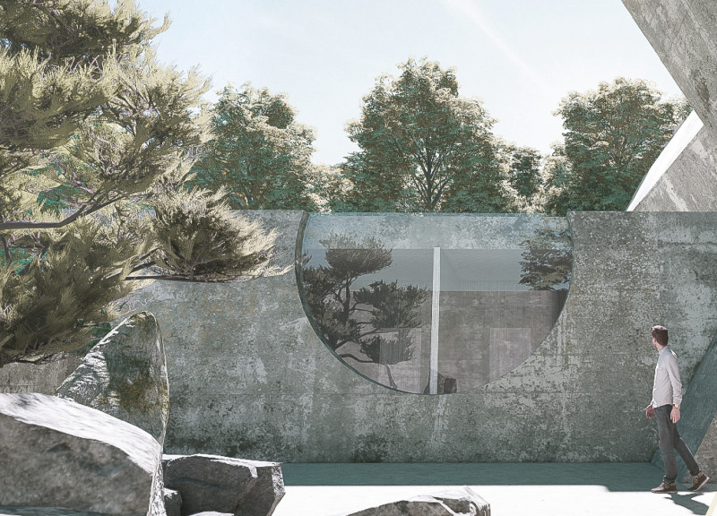 Concrete Shelter with Water Basin and Spiral Access in a Hillside Setting