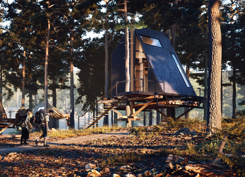 Tree-Integrated Living Spaces with Elevated Platforms and Recycled Materials