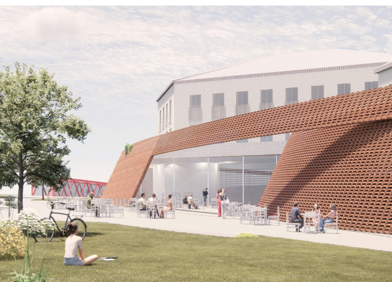 Sculptural Terracotta Overhangs Define a Multifunctional Community Hub