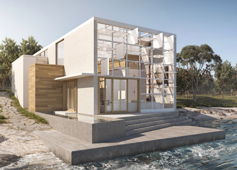 Charred Wooden Shingles Enveloped in Concrete Across a Sloped Site