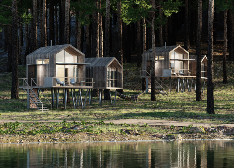 Elevated Stilt Structures Featuring Laminated Timber and Expansive Glazing in a Serene Forest Setting