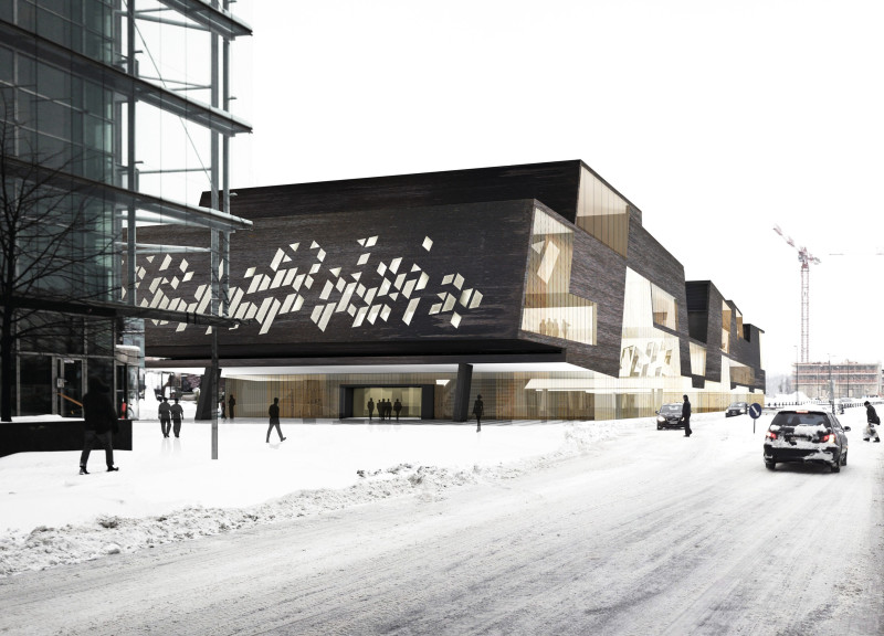 Cantilevered Form Wrapped in Glass and Natural Timber Creating a Transparent Community Hub