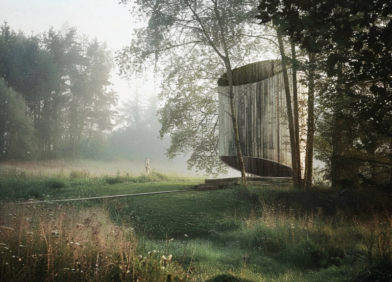 Reclaimed Wood Pavilion with Integrated Insect Habitats Amidst Natural Landscapes