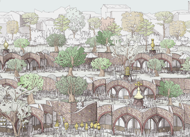 Charred Wooden Shingles and Community Gardens in a Harmonious Landscape Setting