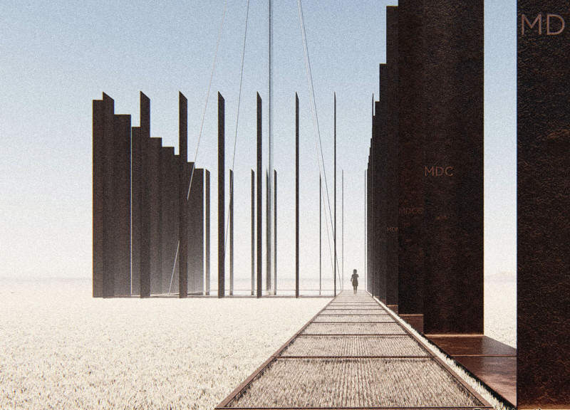 Corten Steel Panels and Reinforced Concrete Forming a Horizontal Journey Through Time