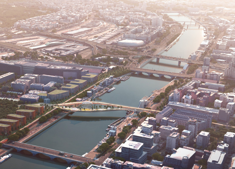 Landscaped Pedestrian Promenade with Reinforced Concrete and Sustainable Timber Integration Overlooking the Seine