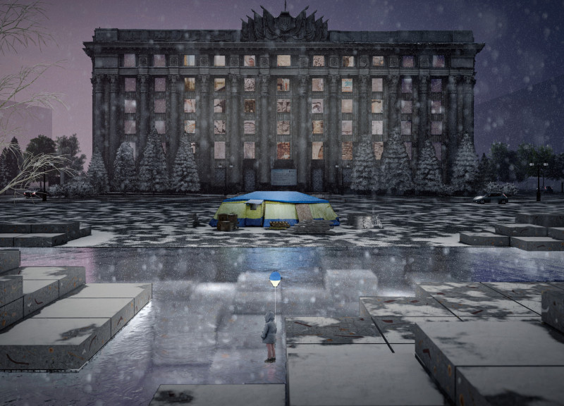 Remade Concrete and Reflective Canopies Defining a Community Space in Kharkiv