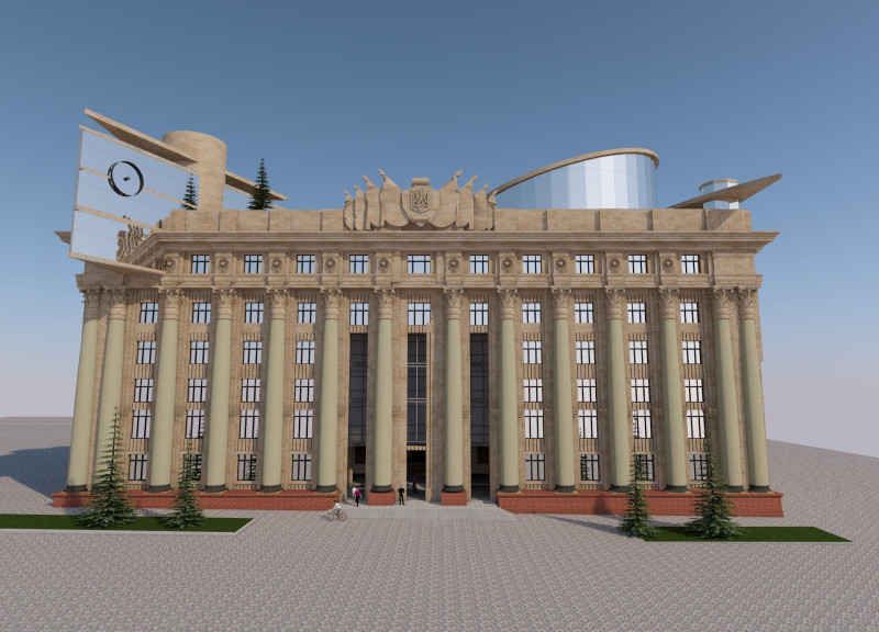 Asymmetrical Roofline with Limestone Cladding and Expansive Glass Facades in a Multi-Use Civic Space