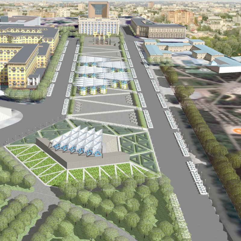 Gabion Structures and Transparent Facades in a Revitalized Civic Space